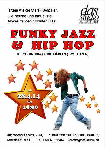 Funky Jazz & Hip Hop Kurs für Jungs und
                        Mädels (8-12 Jahren) an! Funky Jazz & Hip
                        Hop ist ein Mix aus verschiedenen Tanzstilen -
                        Hip Hop, Jazz, Street Dance und Modern Jazz.
                        Tanzen wie die Stars? Geht klar! Coole Moves,
                        aktuelle Charthits